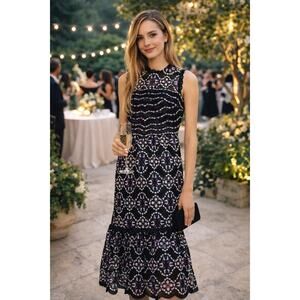 Sandro Inaya Lace Midi Dress Black Purple Embroidered Sleeveless NWT 36 Small